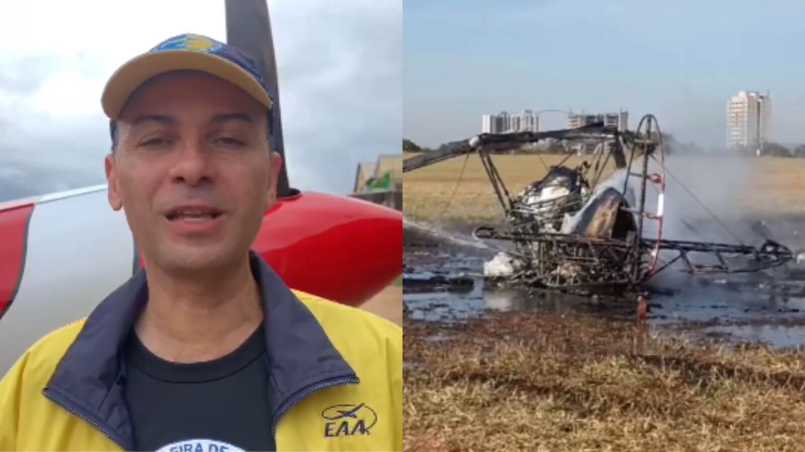 Piloto de Jundiaí ao lado de imagem de avião de pequeno porte pegando fogo.