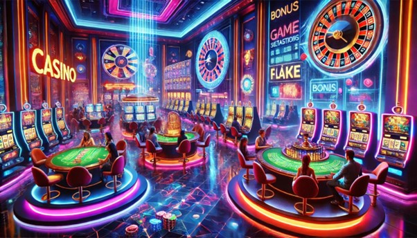 Um cassino iluminado por neon com máquinas caça-níqueis, roletas e mesas de cartas. Pessoas jogando vários jogos. Tema do Pin-Up Casino.