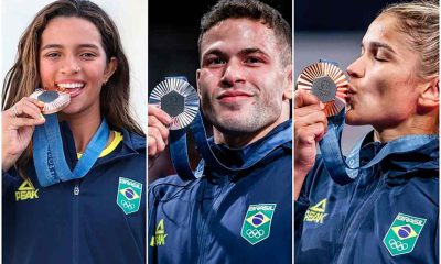 Atletas brasileiros com medalhas de prata nos Jogos Olímpicos de Paris 2024, sorrindo e mostrando suas conquistas.