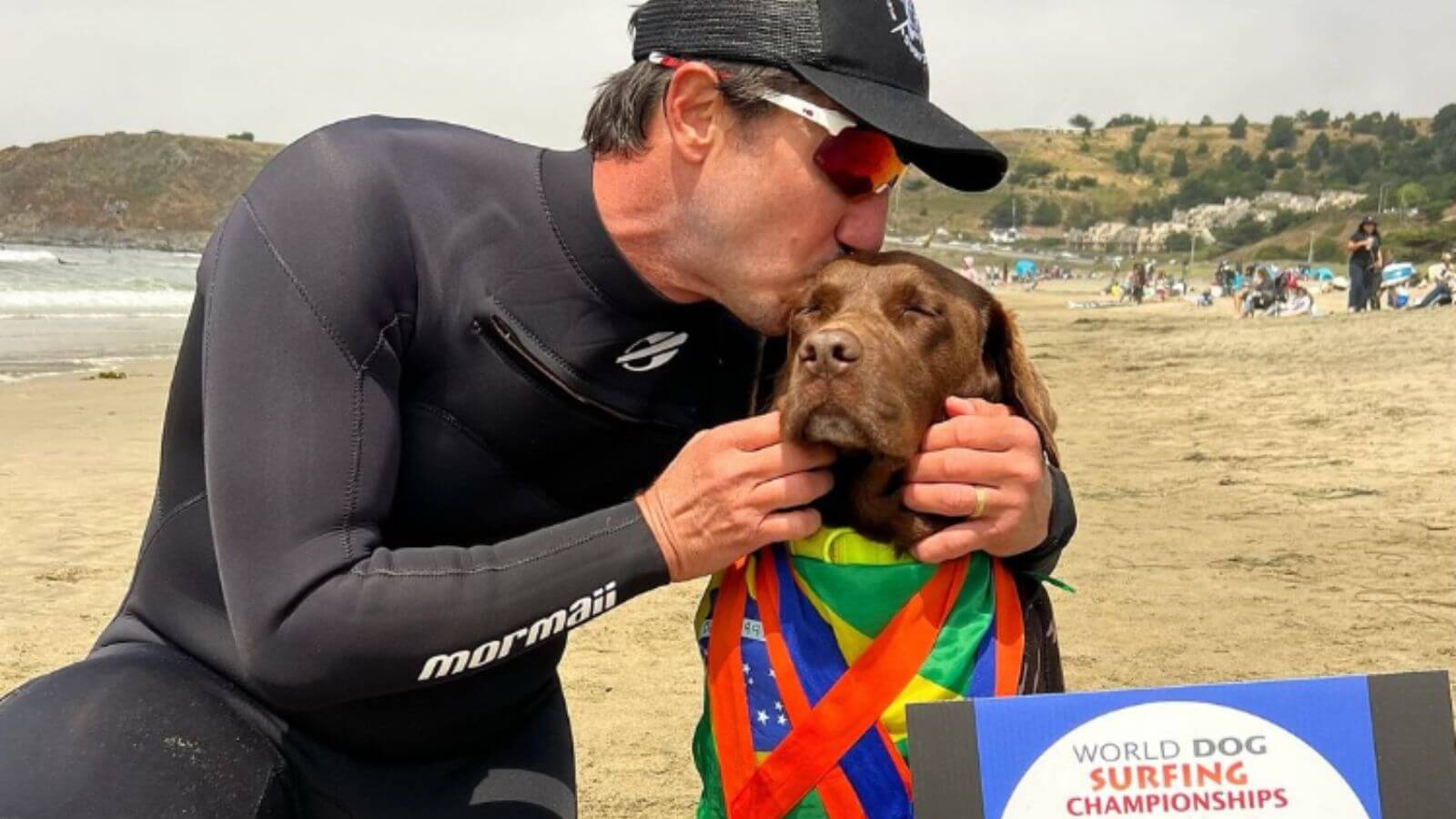 O talento para o surf da labradora brasileira parece correr na família, já que seu pai, Bono, também foi um campeão do campeonato.