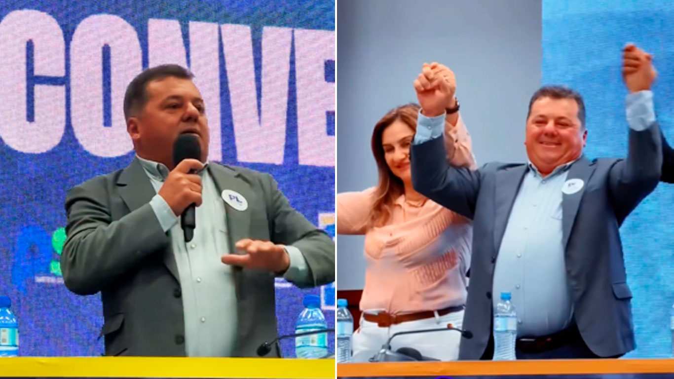 Ocimar Polli na convenção em Itupeva, discursando e celebrando com apoiadores ao lado de sua vice, Dani da Vila.