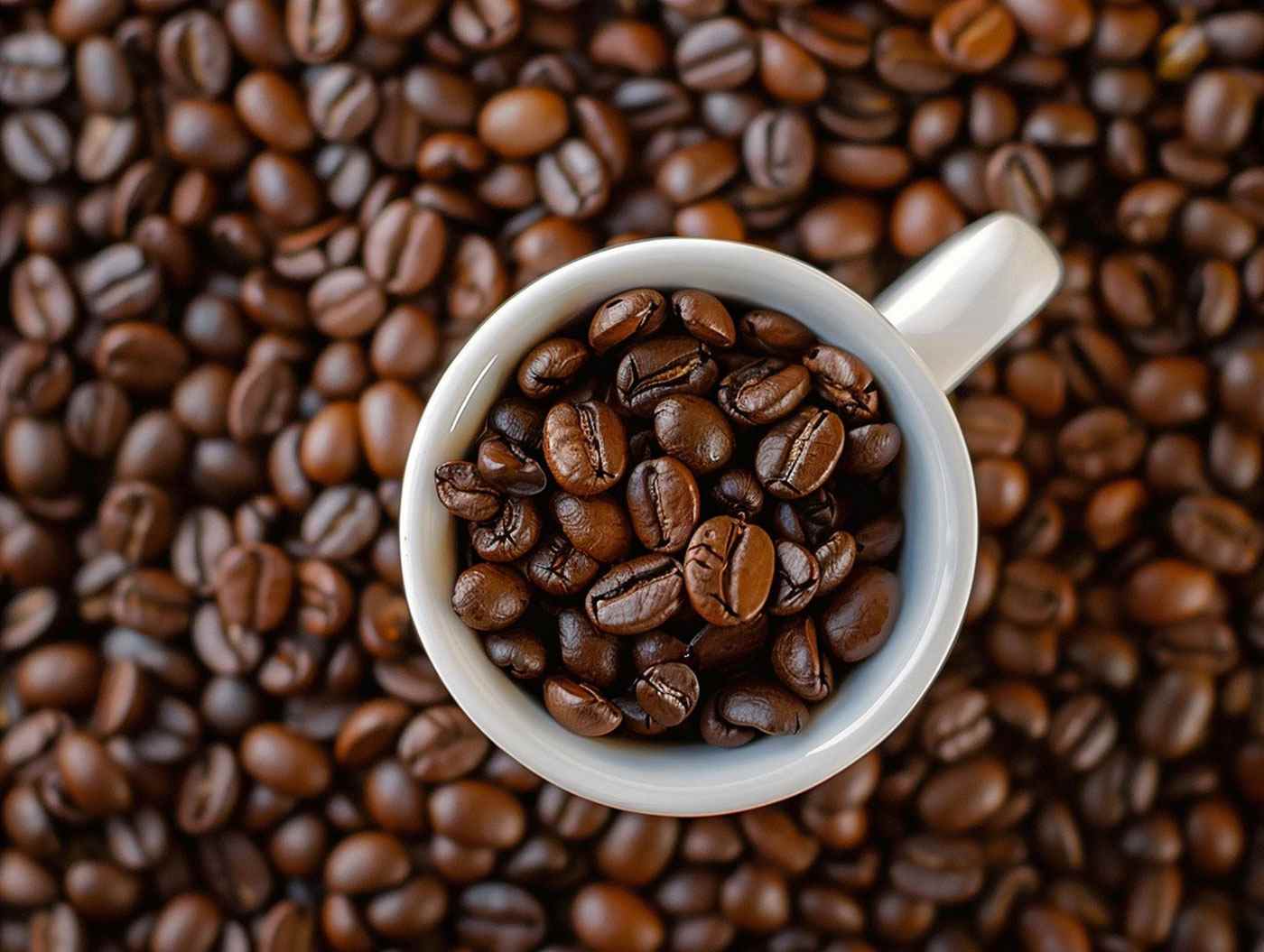 Xícara cheia de grãos de café torrados, vista de cima, sobre uma superfície coberta de mais grãos de café impróprio.