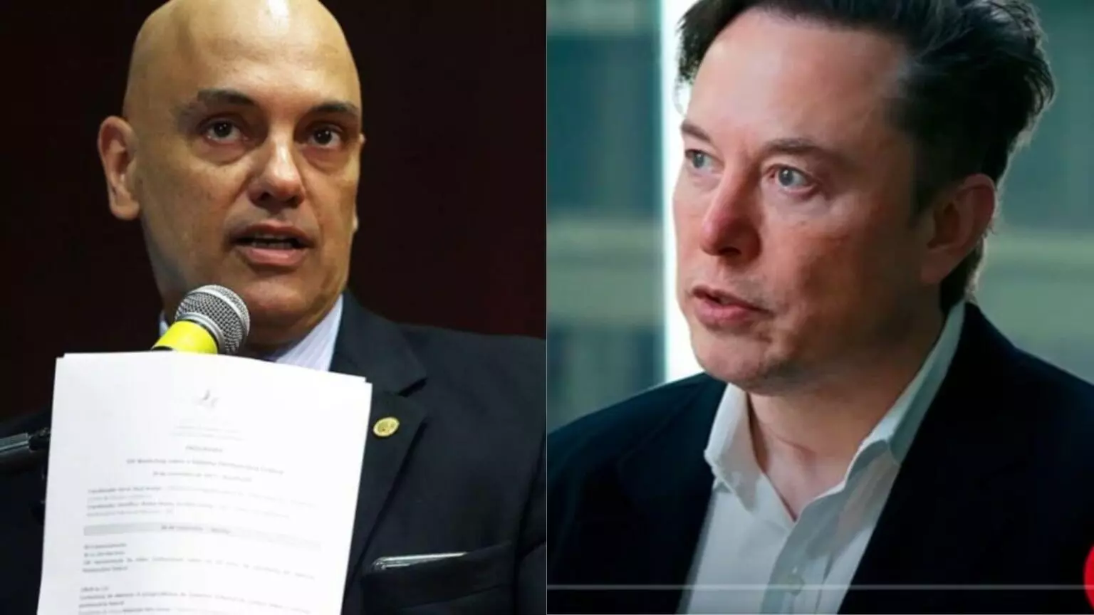 Alexandre de Moraes com documento em mão ao lado de Elon Musk, em notícia sobre a suspensão da rede social X no Brasil.