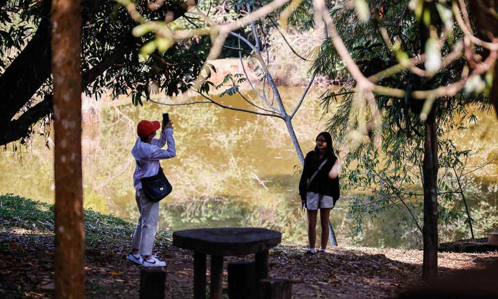 Turistas tirando fotos em meio à natureza em Jundiaí, representando o turismo rural e as belezas naturais da região.