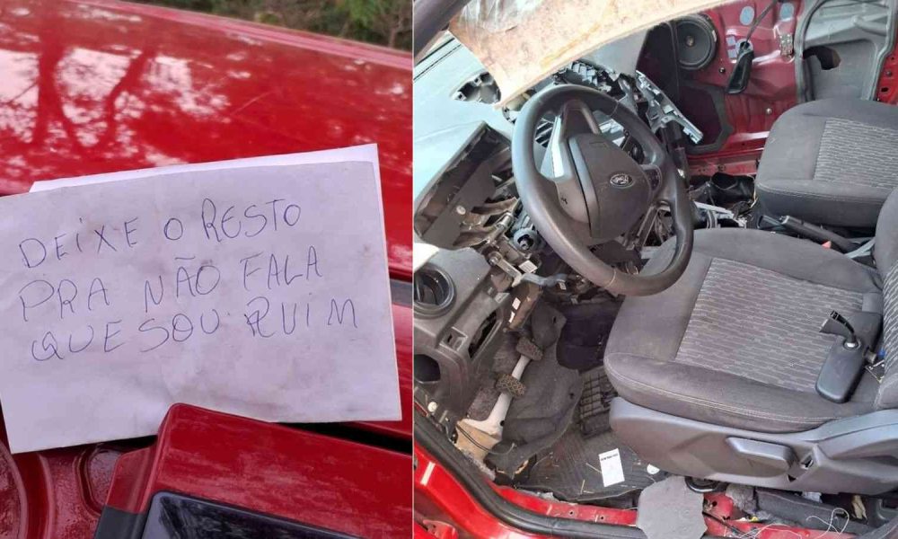 Criminoso engraçadinho deixa bilhete em carro vermelho depenado em bairro de pouco movimento em Jundiaí.