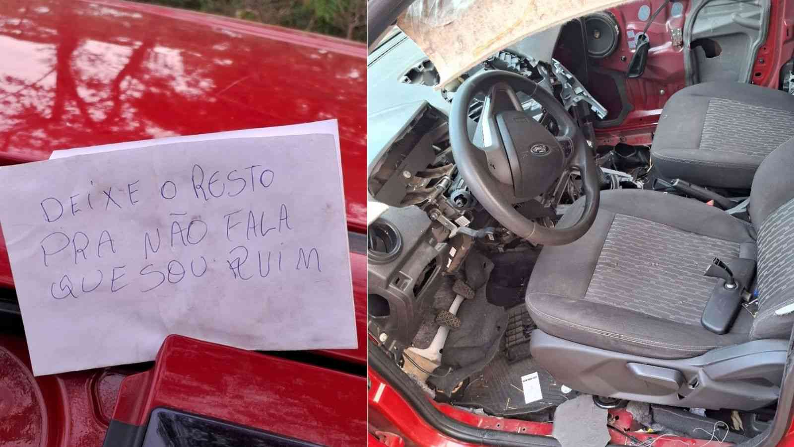 Criminoso engraçadinho deixa bilhete em carro vermelho depenado em bairro de pouco movimento em Jundiaí.