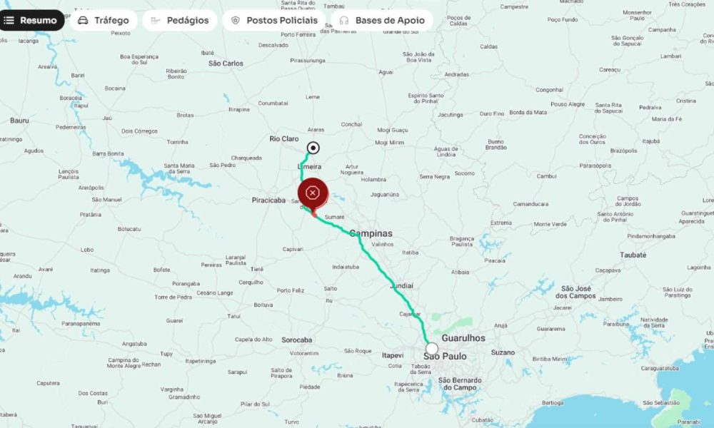 Mapa mostra acidente na Rodovia Bandeirantes sentido interior.