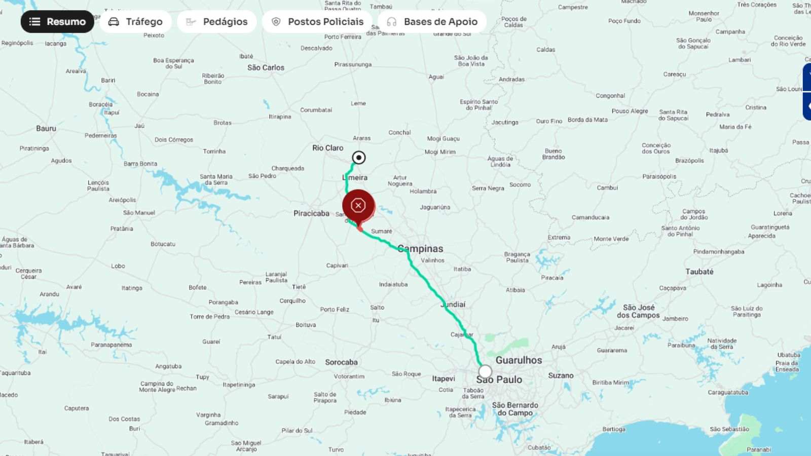 Mapa mostra acidente na Rodovia Bandeirantes sentido interior.