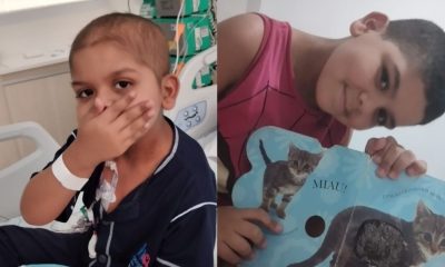 À esquerda, Enzo em tratamento para receber a doação de medula óssea; à direita Enzo pós-transplante.