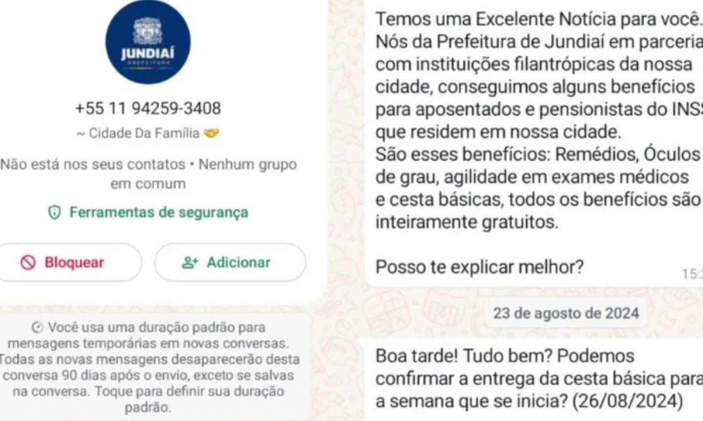 Prints do Golpe de WhatsApp que se passa por um serviço da Prefeitura de Jundiaí.