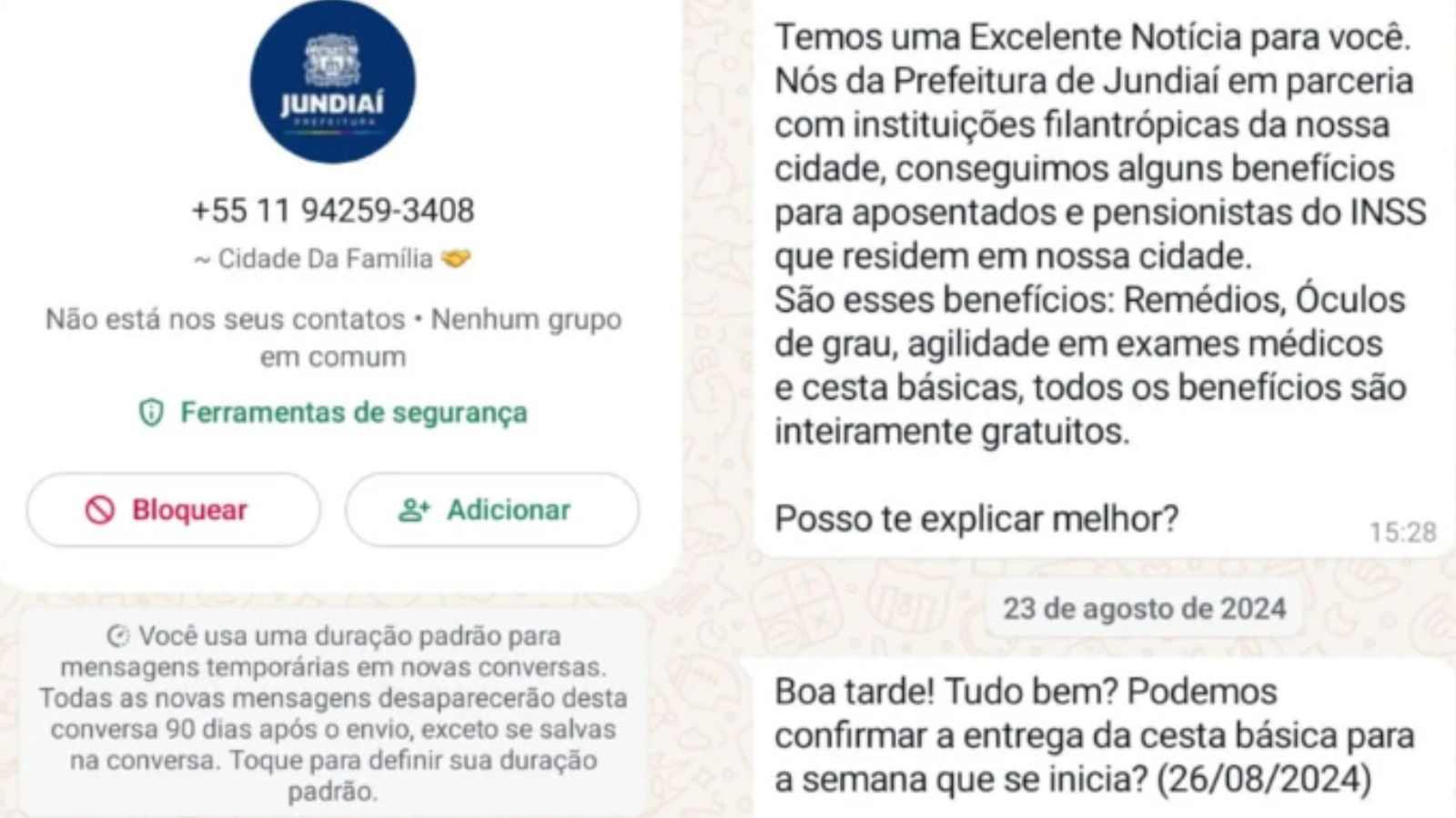 Prints do Golpe de WhatsApp que se passa por um serviço da Prefeitura de Jundiaí.