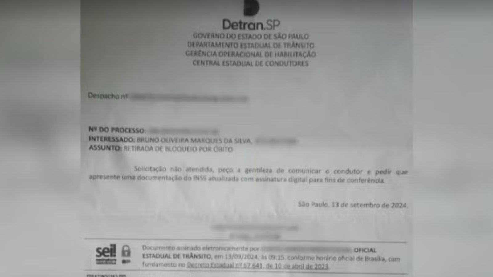 Documento solicitado para desbloqueio da CNH.