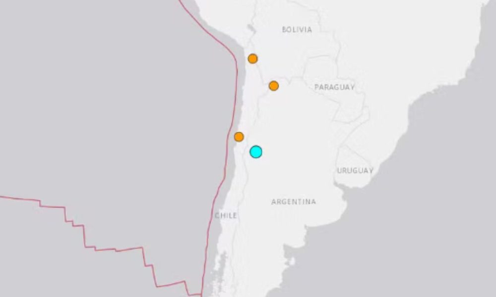 Mapa mostrando o terremoto na Argentina.