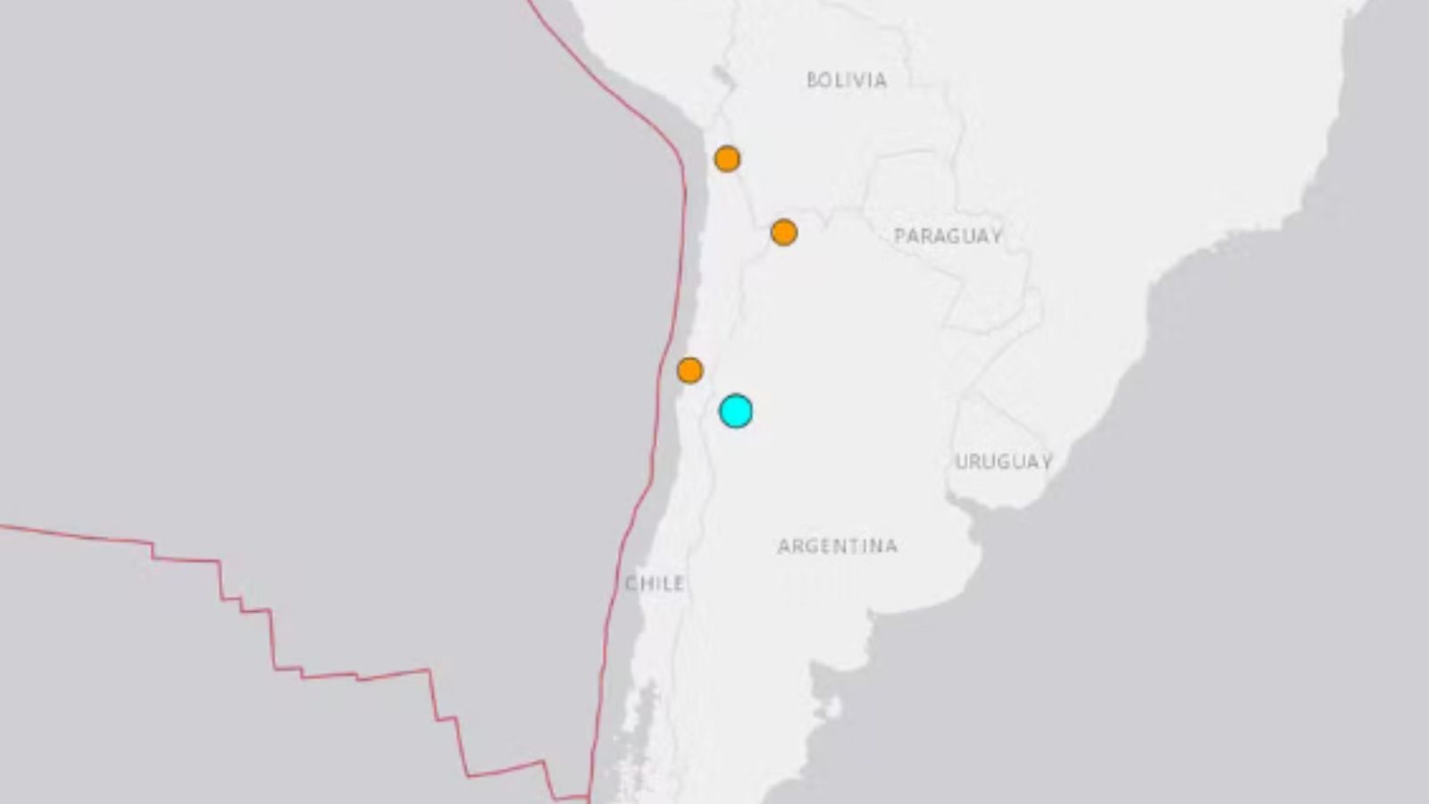 Mapa mostrando o terremoto na Argentina.