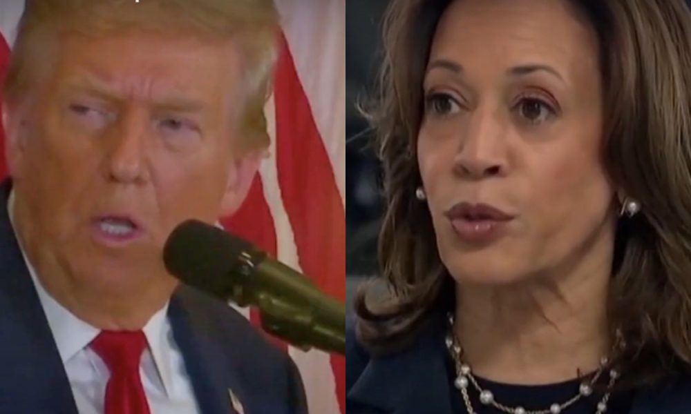 À esquerda, Donald Trump falando ao microfone; à direita, Kamala Harris.