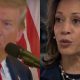 À esquerda, Donald Trump falando ao microfone; à direita, Kamala Harris.