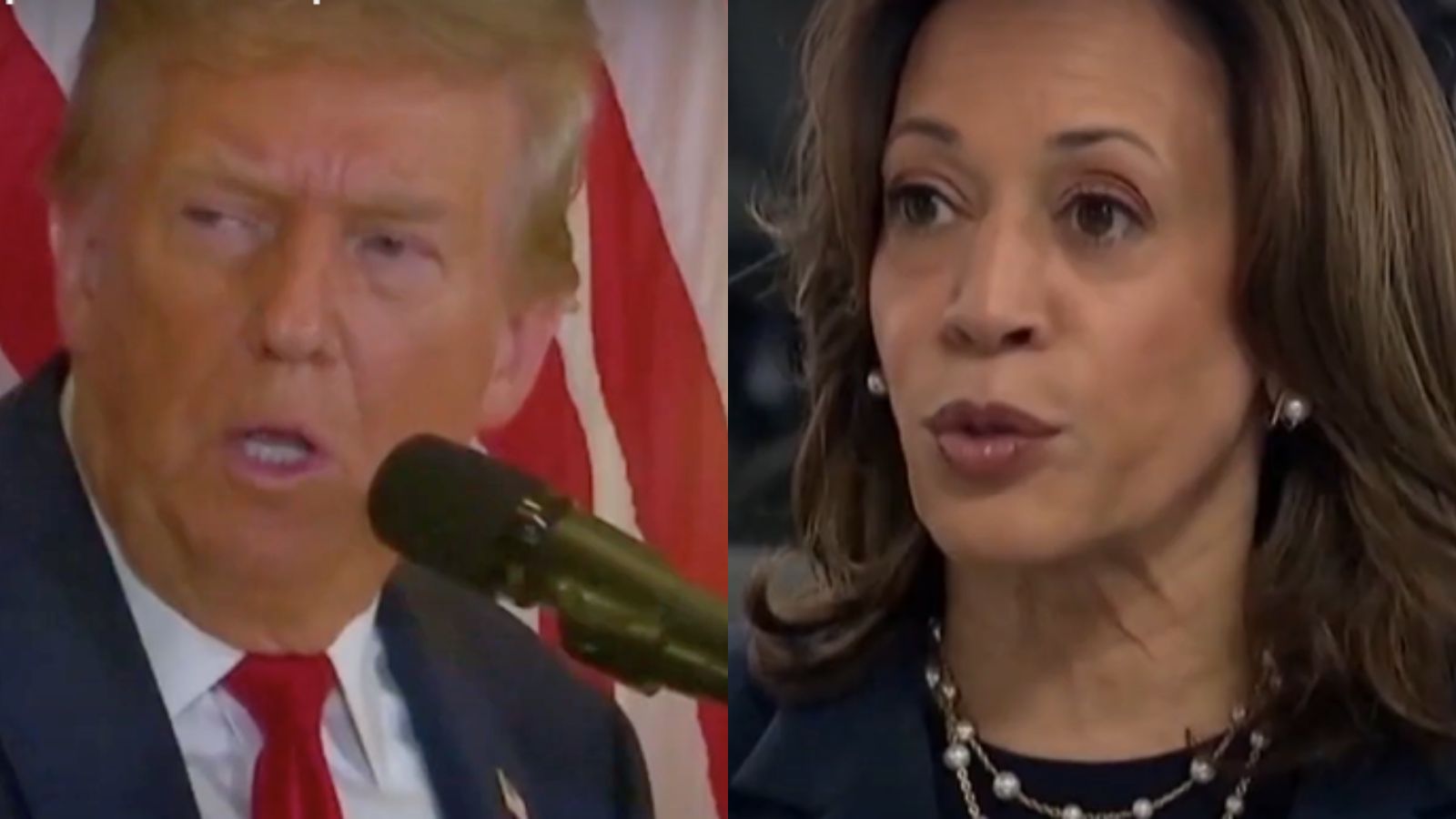 À esquerda, Donald Trump falando ao microfone; à direita, Kamala Harris.