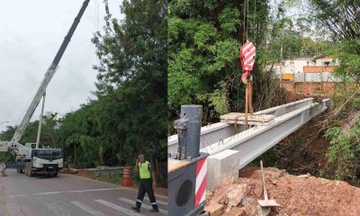 Trabalhadores da Prefeitura de Campo Limpo Paulista atuando em obras de passarela.