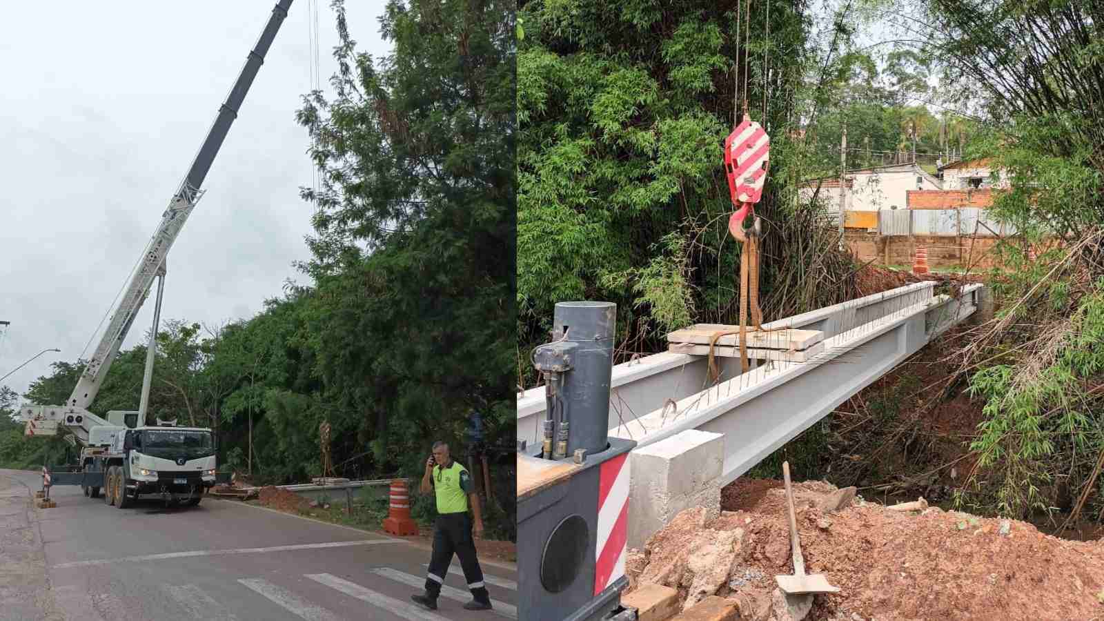 Trabalhadores da Prefeitura de Campo Limpo Paulista atuando em obras de passarela.