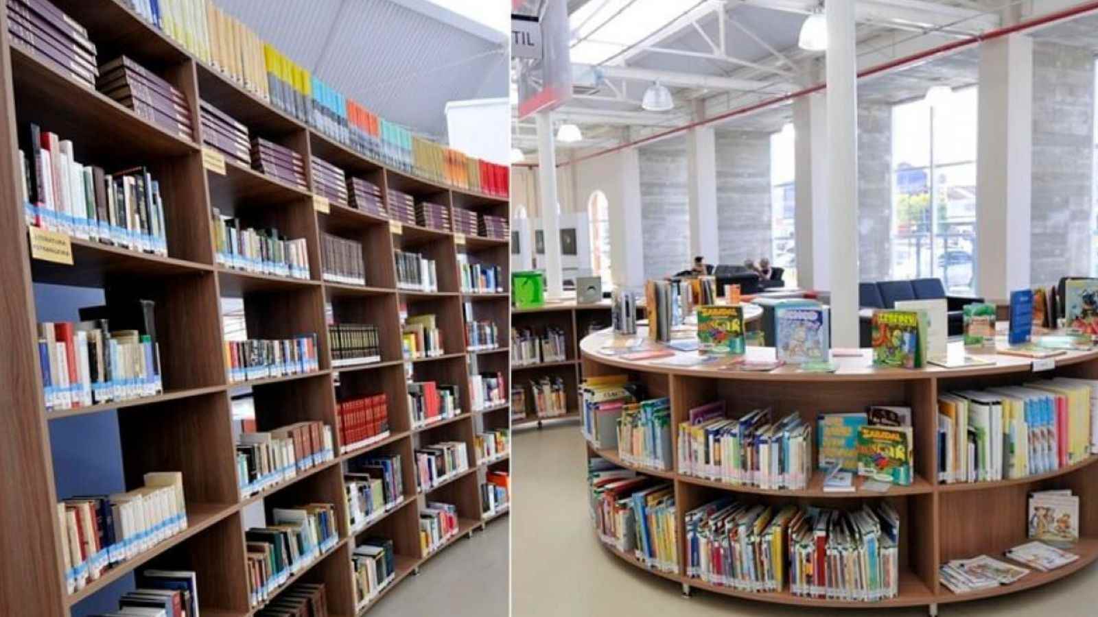 Prateleiras com livros da Biblioteca de Jundiaí.