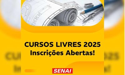 Imagem promocional do SENAI Jundiaí anunciando inscrições abertas para cursos livres 2025, com fundo amarelo e materiais técnicos de engenharia.