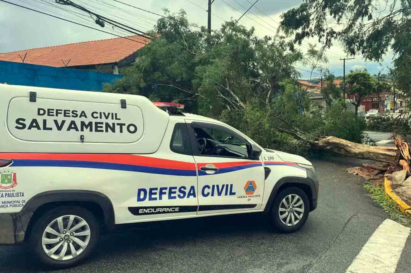 Ventos fortes em Várzea Paulista causam queda de árvore, bloqueando via. Viatura da Defesa Civil realiza atendimento no local.