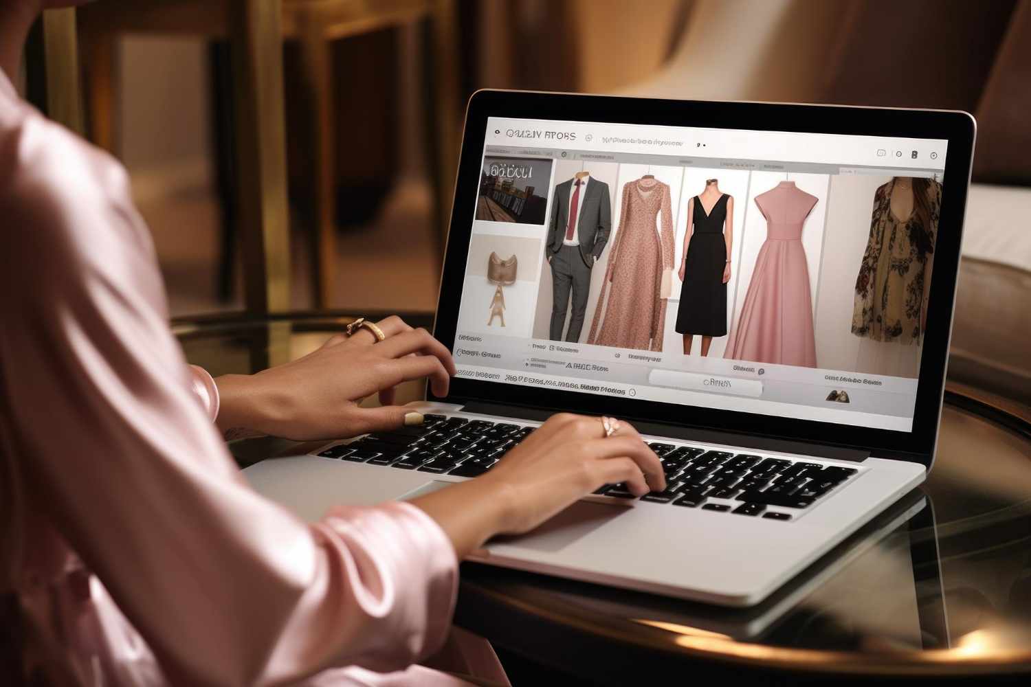 Mulher usando laptop para navegar em site de moda, visualizando opções de roupas e acessórios femininos em ambiente elegante.